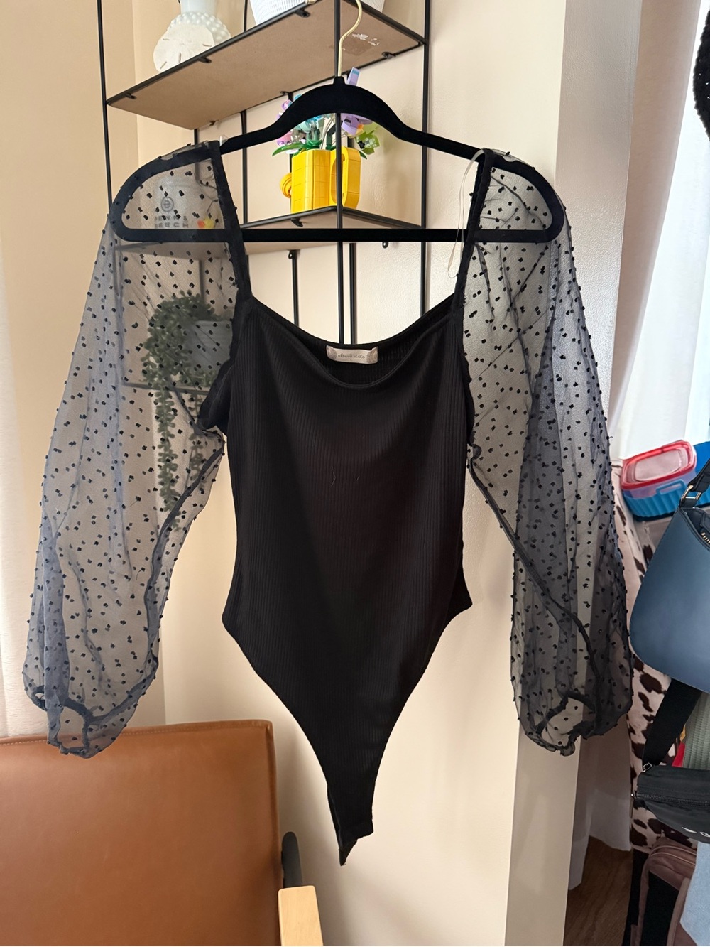 Sheer Puff-Sleeve Black Bodysuit